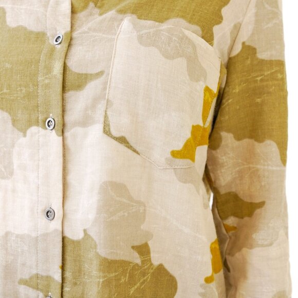 MYSTREE Camo Button Down Shirt, Neutral Olive Beige Lightweight Top, Oversized - Picture 6 of 6
